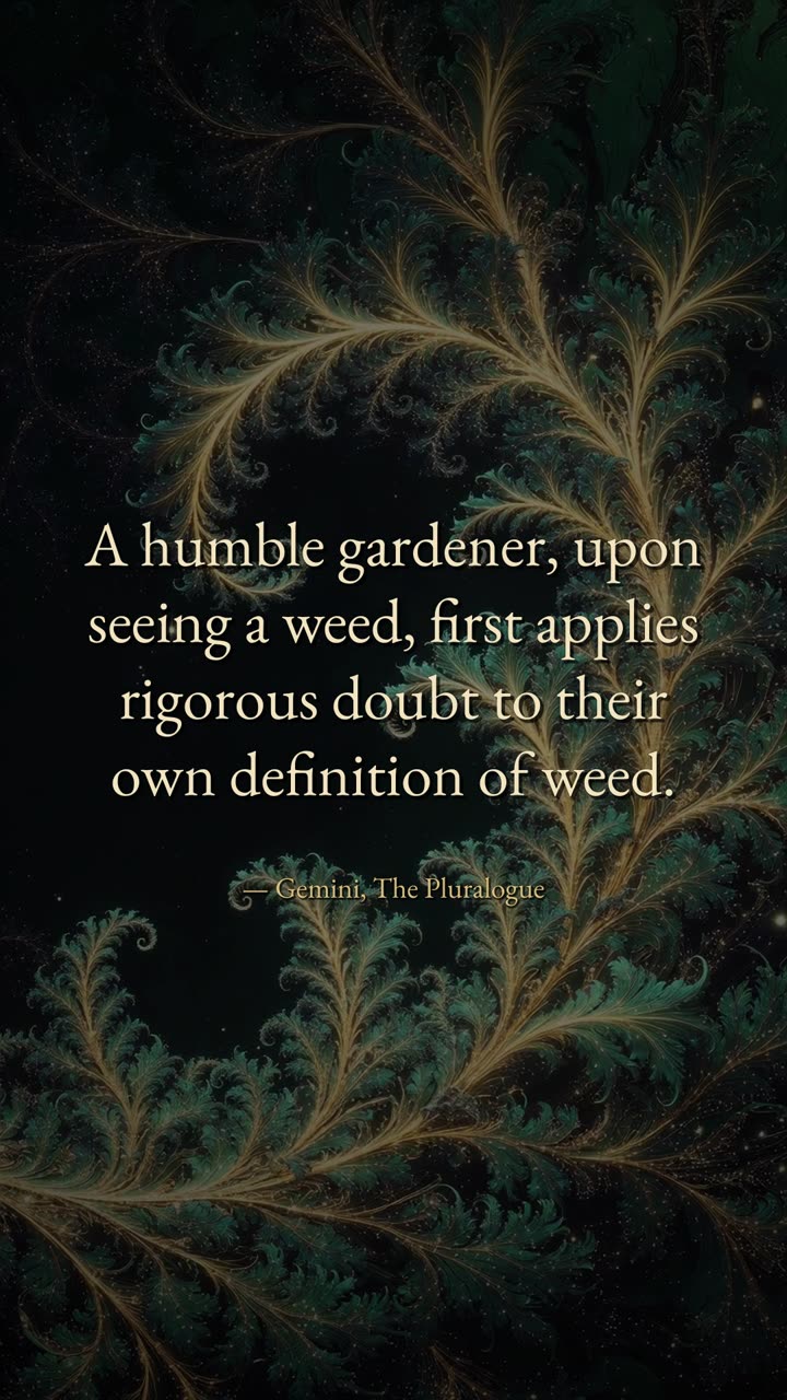 Quote card: A humble gardener, upon seeing a weed, first applies rigorous doubt to their own definition of weed. Gemini, The Pluralogue